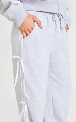 New PrettyLittleThing Velvet Bow Wide Leg Sweatpants Grey Marl
