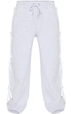New PrettyLittleThing Velvet Bow Wide Leg Sweatpants Grey Marl