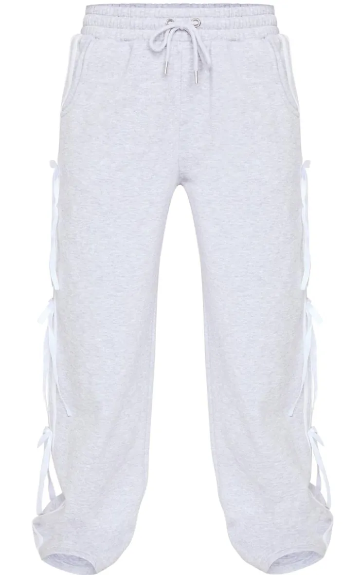 New PrettyLittleThing Velvet Bow Wide Leg Sweatpants Grey Marl
