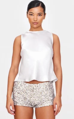 PrettyLittleThing Sleeveless Tops*Metallic Satin Boatneck Long Top