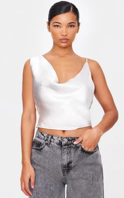 PrettyLittleThing Sleeveless Tops*Metallic Satin Cowl Long Top