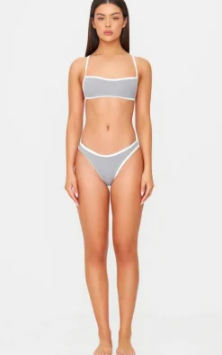 Grey Micro Contrast High Leg Bikini Bottoms