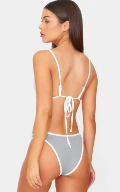 Grey Micro Contrast High Leg Bikini Bottoms