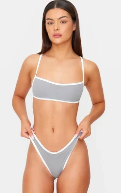 Grey Micro Contrast High Leg Bikini Bottoms