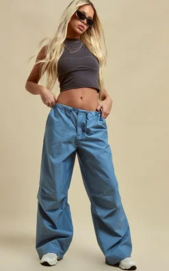 Grey Nylon Low Rise Drawstring Tie Waist Cargos