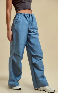 Grey Nylon Low Rise Drawstring Tie Waist Cargos