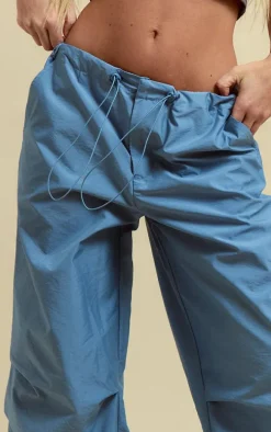 Grey Nylon Low Rise Drawstring Tie Waist Cargos