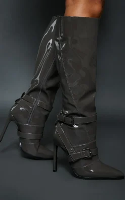 PrettyLittleThing High Heels*Patent Pu Point Toe Buckle Detail High Stiletto Heeled Knee Boots