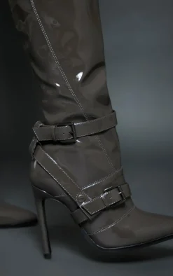 PrettyLittleThing High Heels*Patent Pu Point Toe Buckle Detail High Stiletto Heeled Knee Boots