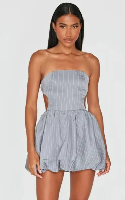 Pinstripe Bandeau Tie Back Puffball Mini Dress-PrettyLittleThing Outlet