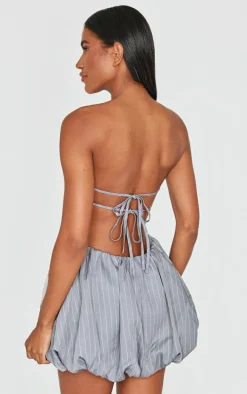 Pinstripe Bandeau Tie Back Puffball Mini Dress-PrettyLittleThing Outlet