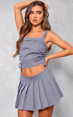 Discount PrettyLittleThing Pinstripe Belt Detail Pleated Mini Skirt Grey