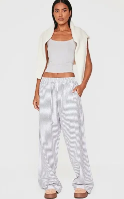 Grey Pinstripe Linen Look Elasticated Waist Pants