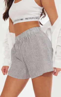 Grey Pinstripe Linen Look Basic Shorts