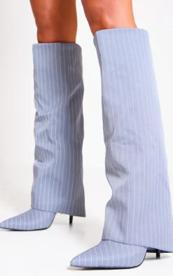 PrettyLittleThing Knee High Boots*Pinstripe Point Toe Fold Over Knee High Stiletto Heeled Boots