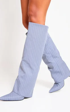 PrettyLittleThing Knee High Boots*Pinstripe Point Toe Fold Over Knee High Stiletto Heeled Boots