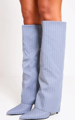 PrettyLittleThing Knee High Boots*Pinstripe Point Toe Fold Over Knee High Stiletto Heeled Boots