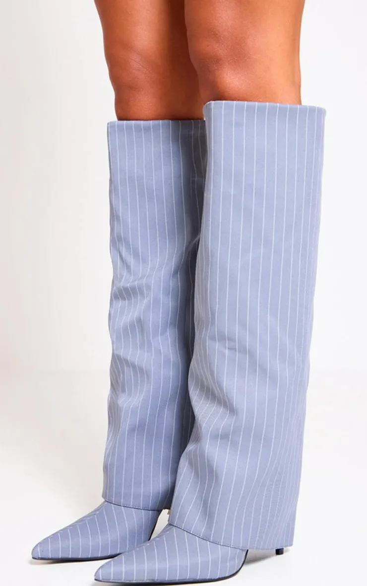 PrettyLittleThing Knee High Boots*Pinstripe Point Toe Fold Over Knee High Stiletto Heeled Boots