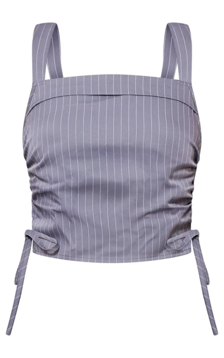 PrettyLittleThing Pinstripe Ruched Side Top Grey