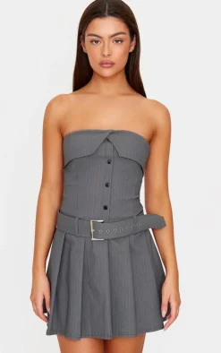 Pinstripe Tailored Bandeau Belt Pleated Shift Dress-PrettyLittleThing Online