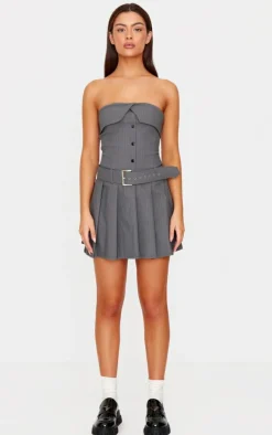 Pinstripe Tailored Bandeau Belt Pleated Shift Dress-PrettyLittleThing Online