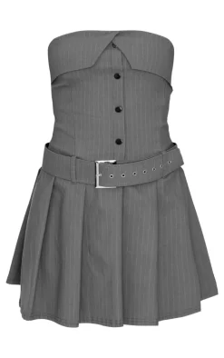 Pinstripe Tailored Bandeau Belt Pleated Shift Dress-PrettyLittleThing Online