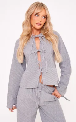 Best PrettyLittleThing Pinstripe Tie Front Shirt Grey