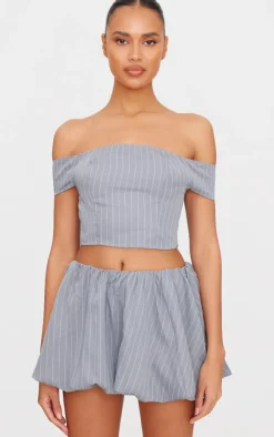 PrettyLittleThing Pinstripe Woven Tailored Bandeau Top Grey