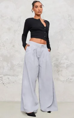 Grey Pintuck Detail Wide Leg Tailored Pants