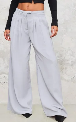 Grey Pintuck Detail Wide Leg Tailored Pants