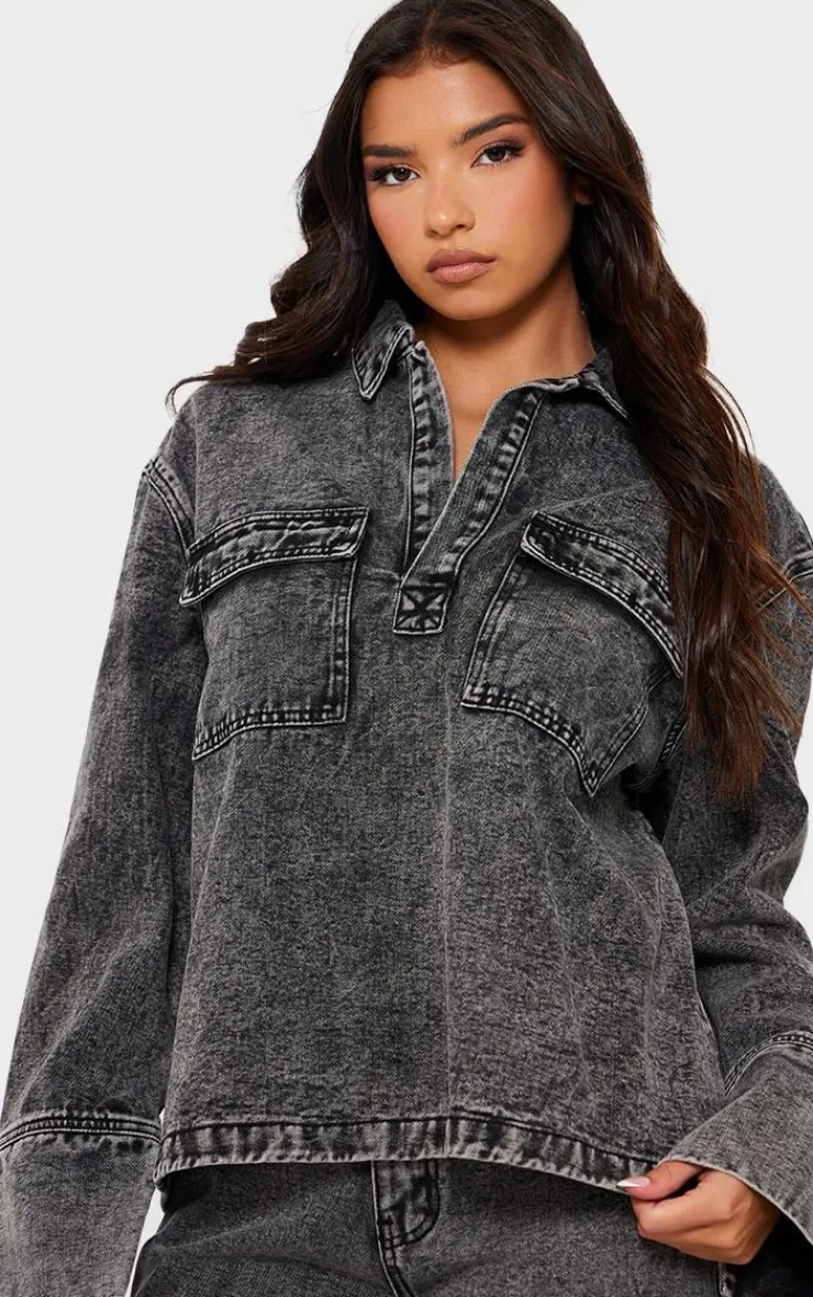 PrettyLittleThing Pocket Detail Open Long Sleeve Shirt Grey