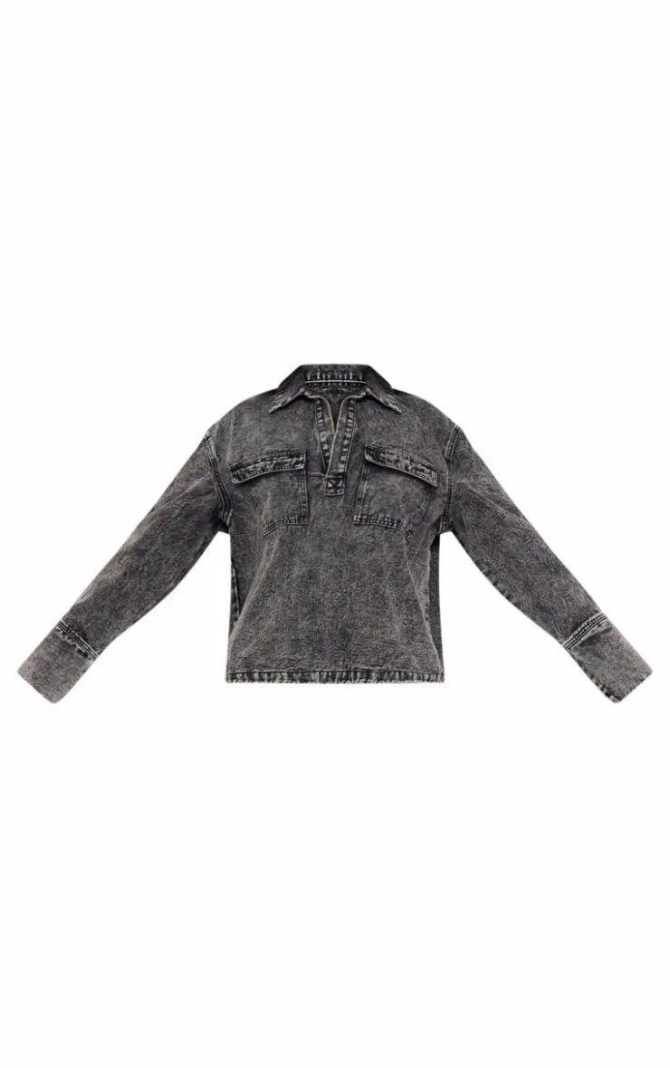 PrettyLittleThing Pocket Detail Open Long Sleeve Shirt Grey