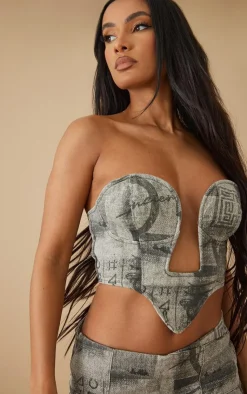 Best PrettyLittleThing Printed Structured Dipped Corset Denim Top Grey