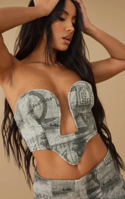 Best PrettyLittleThing Printed Structured Dipped Corset Denim Top Grey