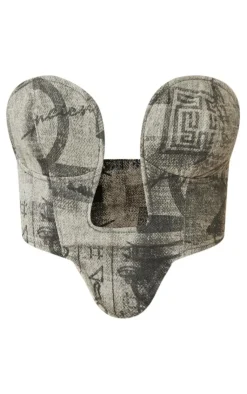 Best PrettyLittleThing Printed Structured Dipped Corset Denim Top Grey