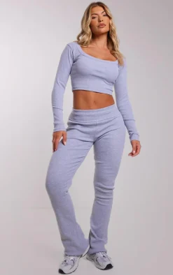 PrettyLittleThing Rib Fold Over Waist Flared Pants Grey