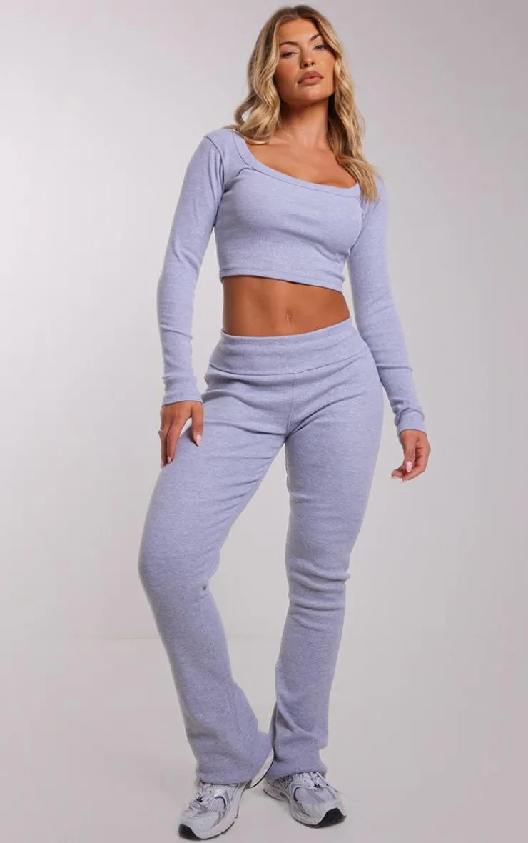PrettyLittleThing Rib Fold Over Waist Flared Pants Grey