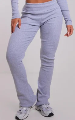 PrettyLittleThing Rib Fold Over Waist Flared Pants Grey