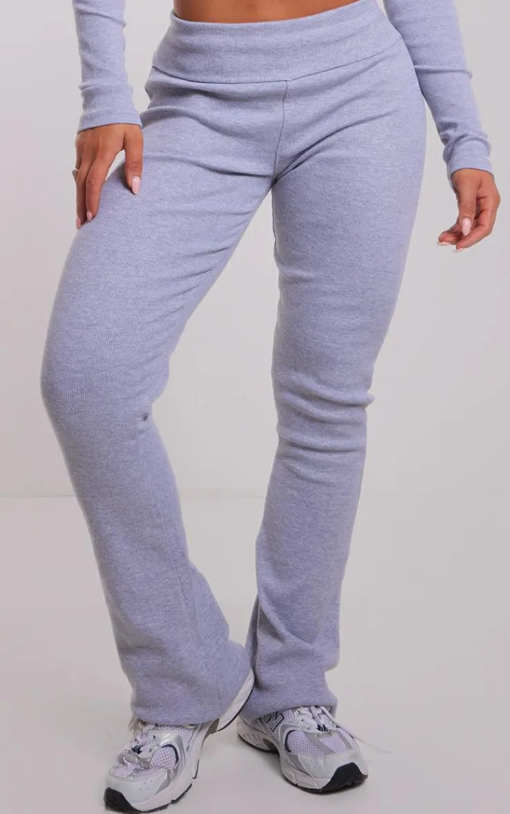 PrettyLittleThing Rib Fold Over Waist Flared Pants Grey