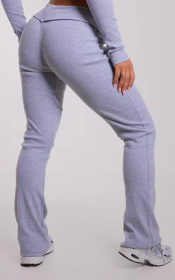 PrettyLittleThing Rib Fold Over Waist Flared Pants Grey