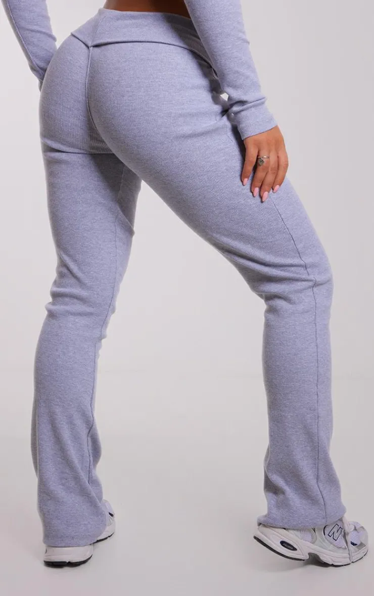 PrettyLittleThing Rib Fold Over Waist Flared Pants Grey