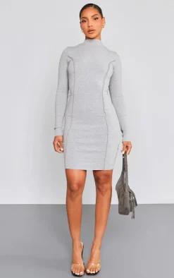 Ribbed Long Sleeve Seam Detail Bodycon Dress-PrettyLittleThing Sale
