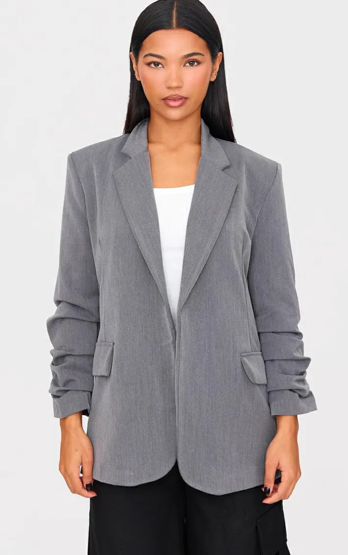 Grey Ruched Up Sleeve Boxy Blazer