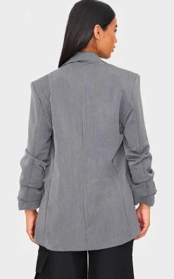 Grey Ruched Up Sleeve Boxy Blazer