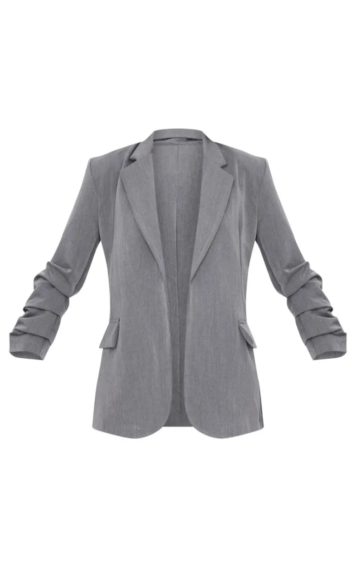 Grey Ruched Up Sleeve Boxy Blazer
