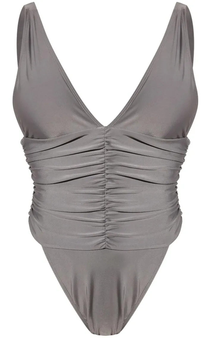 Grey Ruched Waist High Leg Plunge Swimsuit