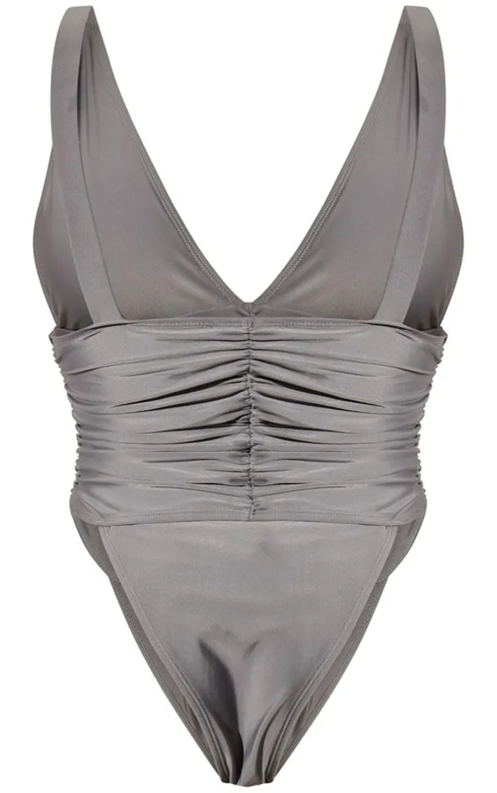 Grey Ruched Waist High Leg Plunge Swimsuit