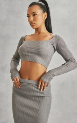 Clearance PrettyLittleThing Scoop Neck Long Sleeve Knit Top Grey