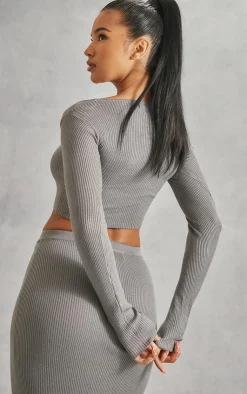 Clearance PrettyLittleThing Scoop Neck Long Sleeve Knit Top Grey