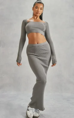 Clearance PrettyLittleThing Scoop Neck Long Sleeve Knit Top Grey